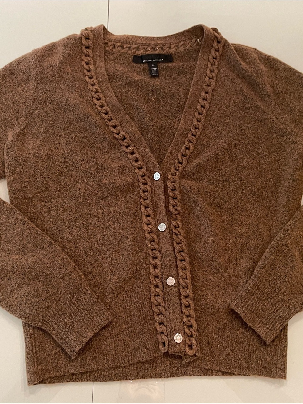 White House Black Market Brown Braided-Trim V-Neck Cardigan